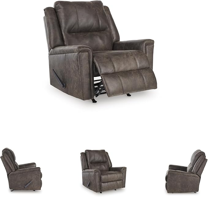 Signature Design by Ashley Skymaker Modern Faux Leather Manual Rocker Recliner with Track Arms, Dark Brown