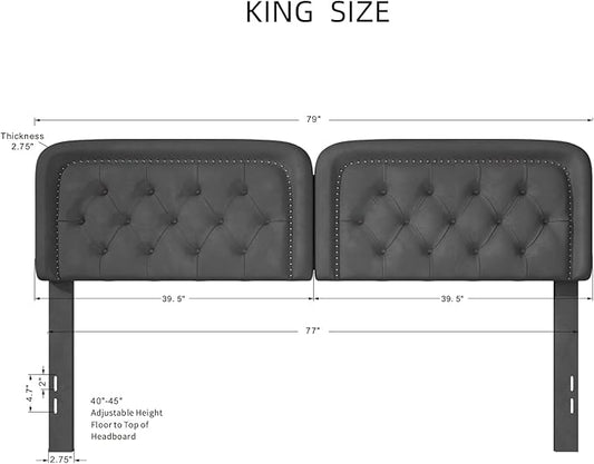 Tufted Upholstered Headboard King Size, Button Adjustable Height King Head Board Only, Sturdy and Durable Solid Wood with Nailhead Trim Headboards, Ideal for Bedroom, Dorm, Guest Room,Gray