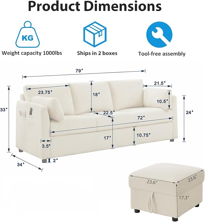 79" L Shaped Couch with Storage Ottoman, 3 Seater Corduroy Sofa with 2 Pillows and Storage Pockets, Small Modern Couches for Living Room, Apartment, Small Spaces, Home Office, Navy Blue
