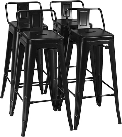 COSTWAY Metal Bar stools Set of 4, with Removable Back, 30‘’ Bar Height with Rubber Feet, Stylish and Modern Chairs, for Kitchen, Dining Rooms, and Side Bar (Black, 30'')