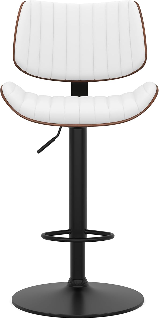SIMPLIHOME Novak Adjustable Swivel Bar Stool - 33 inch Seat Height Upholstered Metal Chair in White Vegan Faux Leather, Mid Century Seating for Kitchen or Bar with Curved Bentwood Back