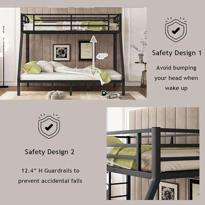 Bellemave Twin XL Over Queen Bunk Bed for Adults, Twin XL Over Queen Bunk Beds Frame with 2 Ladder and Full Length Guardrail, Easy Assemble, Mattress Not Included, Black