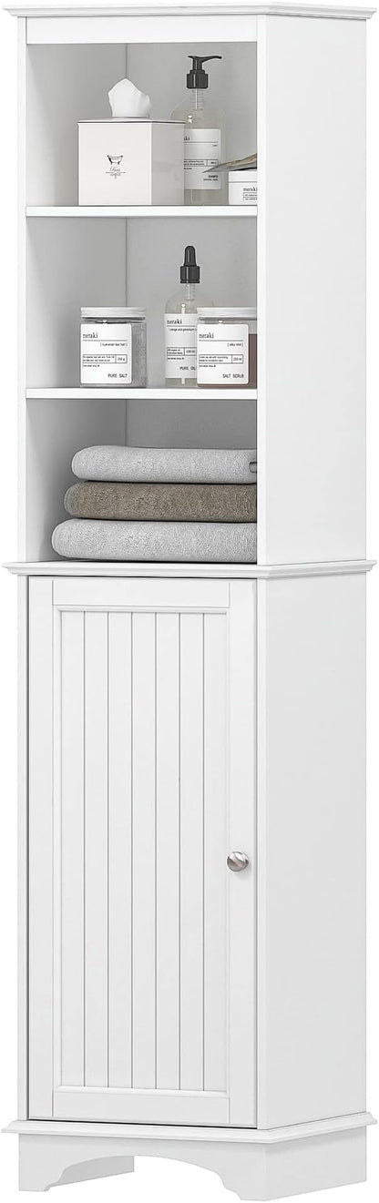 Spirich Home Freestanding Storage Cabinet with Three Tier Shelves, Tall Slim Cabinet, Free Standing Linen Tower, White
