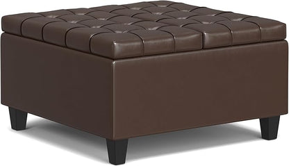 SIMPLIHOME Harrison 30 inch Wide Transitional Square Small Coffee Table Storage Ottoman in Chocolate Brown Vegan Faux Leather, Assembled, for The Living Room and Bedroom
