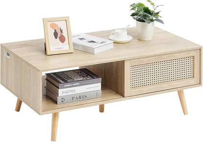 VEVOR Rattan Coffee Table, Mid Century Modern Table, Rectangle Wood Table, 42 Inch Modern Boho Style Two Layers Storage Coffee Table, for Living Room, Bedroom & Small Spaces