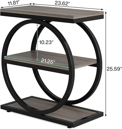 LITTLE TREE 3-Tier End Table Set 2, Grey Side End Table with Storage Shelves, Small Sofa Side Table for Living Room, Slim Nightstand and Bedside Table with Black Double Round Metal Legs