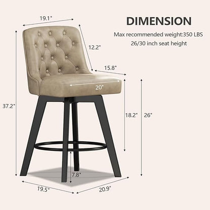 MINCETA Bar Stools Set of 2, PU Leather Barstools, 26 Inch Upholstered Counter Stools with Low Tufted Back and Footrest, Swivel Counter Height Barstools for Kitchen Island Home Bar Khaki