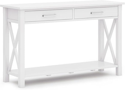 SIMPLIHOME Kitchener Console Table - 47 Inch Wide Solid Wood Sofa Table in White, Contemporary Storage Table for Entryway or Living Room with 2 Drawers, Bottom Shelf, and X-Design Side Panels