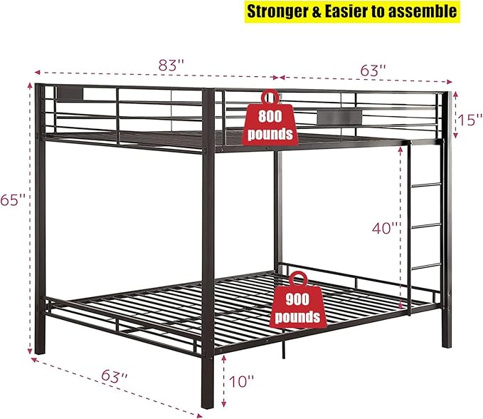Higher Quality & Stronger Heavy Duty Steel Black Bunk Bed Queen Over Queen Size Bunkbed, Thickened More Stable Safer Metal Bunk Bed (Easier to Assemble)