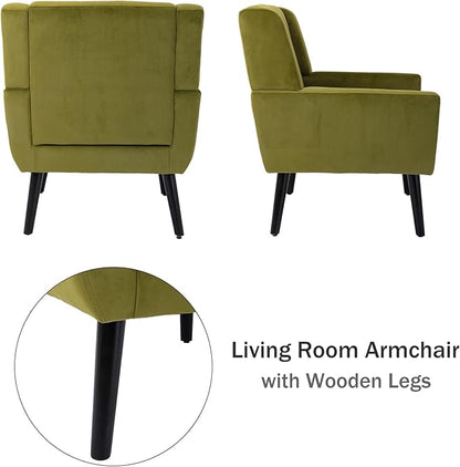 Dolonm Midcentury Modern Accent Chair with Arms, Upholstered Fabric Reading Side Chair Tufted Back Decorative Wingback Chair for Living Room Bedroom (Green)