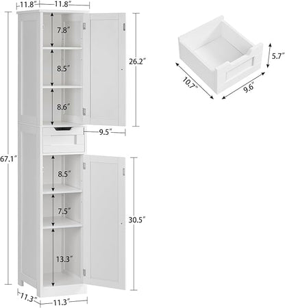 Iwell Tall Bathroom Cabinet, Slim Narrow Bathroom Storage Cabinet with Adjustable Shelves, Storage Cabinets with 1 Drawer, for Bathroom, Living Room, Entryway, Kitchen, White