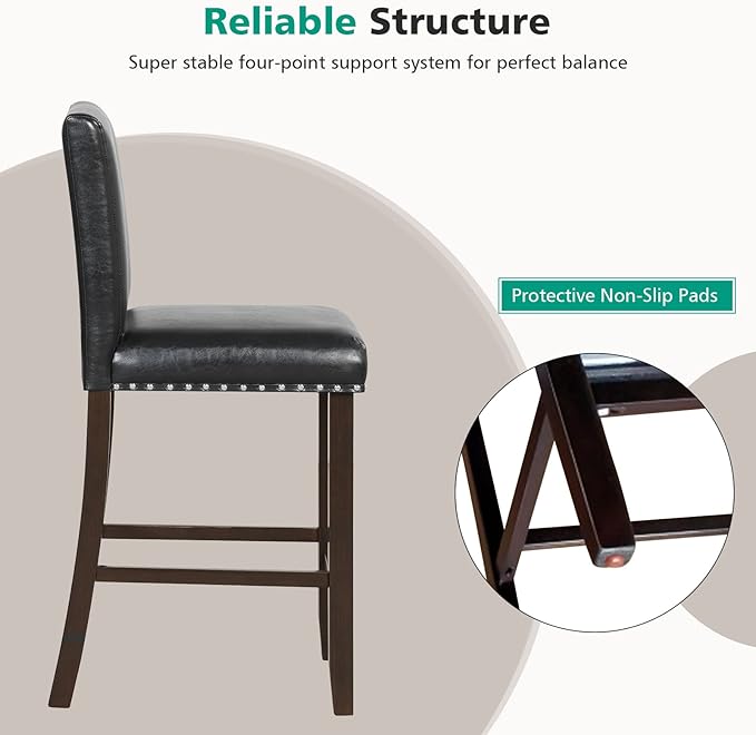 COSTWAY Bar Stools Set of 4, 25.5” PVC Leather Armless Counter Height Chair with Back, Kitchen Island Breakfast Chair for Dining Room, Party Room & Restaurant (4, Black)