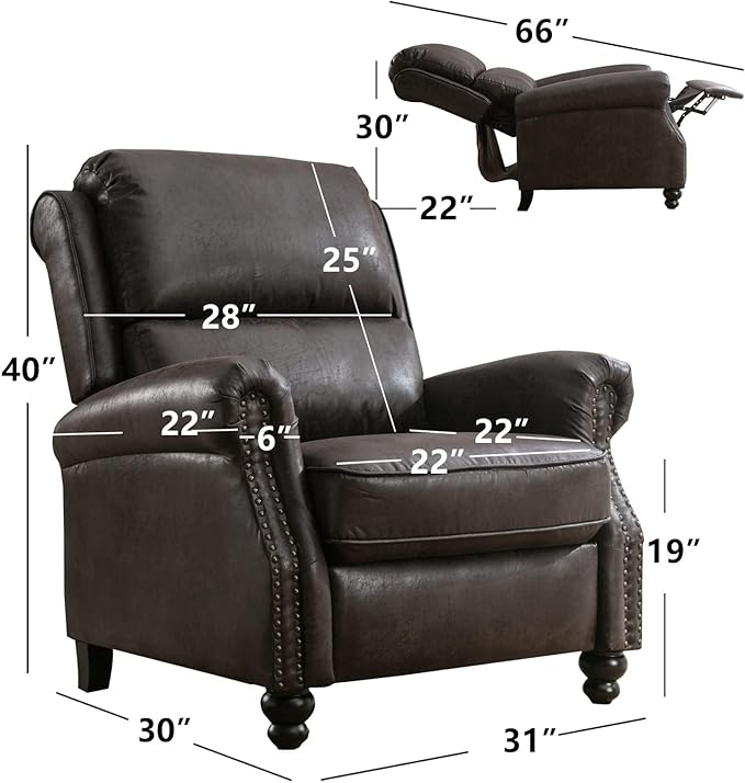 CANMOV Pushback Recliner Chair Set of 2, Faux Leather Armchair Push Back Recliner with Rivet Decoration Single Sofa Accent Chair for Living Room, Dark Grey