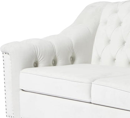 LEVNARY White Velvet Chair for Bedroom, Upholstered Sofa Chair with High Back, Mid-Century Modern Armchair with Solid Wood Legs, Single Couches for Living Room (White)