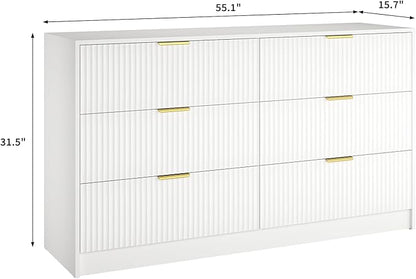6 Drawers Fluted Dresser for Bedroom, 55" Wide Wooden Dresser with Deep Drawers, Large Floor Chest of Drawers, Modern Long TV Stand, Storage Cabinet Side Table, White