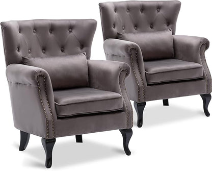 Accent Reading Arm Chairs Set of 2 for Living Room Bedroom, Midcentury Modern Comfy Corner Sofa Chair, Wingback Waiting Room Club Chair with Button Tufted Back &Lumbar Pillow, Velvet Grey