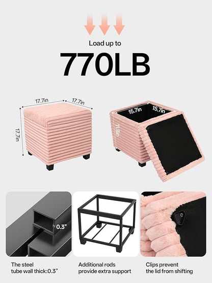 17.7 inches Faux Fur Ottomans Cube with Legs, Metal Framed Vanity Stool Chair Storage Ottoman Foot Rest Stool, Holds 770 LB for Dorm Living Room Bedroom Pink UASND643P