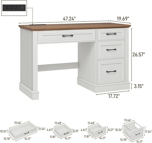 Vabches Farmhouse 47" Executive Desk, Computer Desk with Drawers and File Drawer, Workstation Computer Desk with Charging Station for Home Office,Study,Unique White.