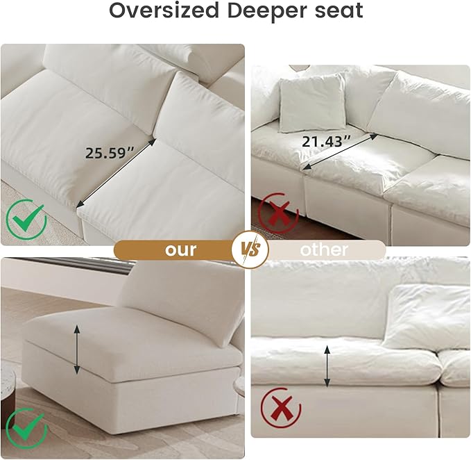 Cloud Couch Modular Sectional Sofa with Storage Ottoman,L Shaped Couch for Living Room,80.3" inch Down Filled 3 Seater Convertible Sectional Sofas for Office Apartment,White