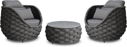 Front Porch Furniture Set 3 Piece: Aluminum Woven Rope Patio Conversation Sofa Set for 2 - Assembled Outdoor Couch Armchair Set Cushions - for 400lb Deck Balcony Pool Yard Hotel - Dark Gray