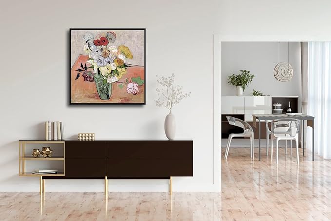 Wieco Art Framed Wall Art Japanese Vase with Roses and Anemones by Vincent Van Gogh Oil Paintings Reproduction Artwork Flowers on Canvas Wall Art for Home and office Decorations