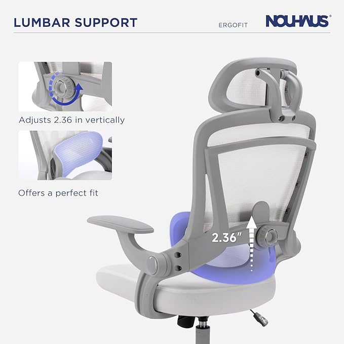 Nouhaus Ergo Fit Ergonomic Mesh Office Chair High Back Adjustable Lumbar Support Headrest and Adjustable Flip-up Armrests, Comfy Desk Chairs Swivel Computer Gaming Chair Tilt Function(N20, White)
