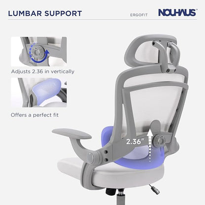 Nouhaus Ergo Fit Ergonomic Mesh Office Chair High Back Adjustable Lumbar Support Headrest and Adjustable Flip-up Armrests, Comfy Desk Chairs Swivel Computer Gaming Chair Tilt Function(N20, White)