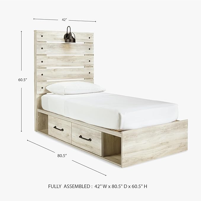 Signature Design by Ashley Cambeck Farmhouse Twin Panel Platform Bed with 2 Storage Drawers, Cubbies, Sconce Light and USB Ports, Foundation or Box Spring Not Needed, Whitewash