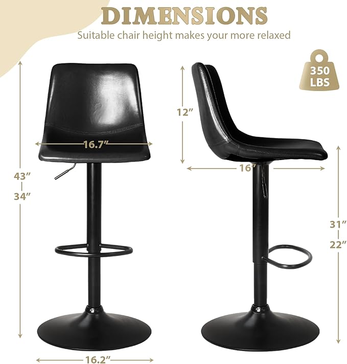 Lemebri Bar Stools Set of 4, Modern Adjustable Swivel Barstools Counter Height with Backrest, Faux Leather Upholstered Bar Chair for Kitchen Island, Whisky, Black