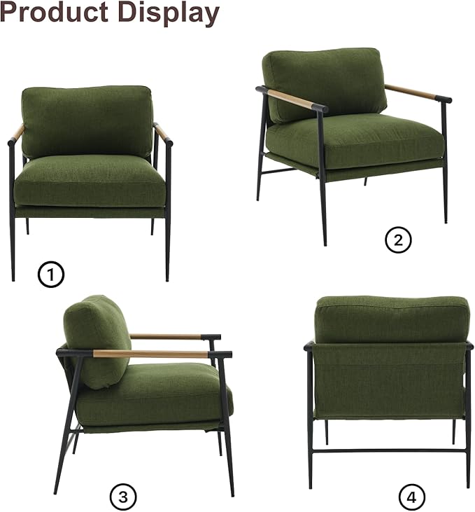 HEAH-YO Modern Accent Chair Set of 1, Upholstered Linen Fabric Living Room Chair with Backrests and Metal Legs, Comfy Reading Side Armchair for Bedroom, Green