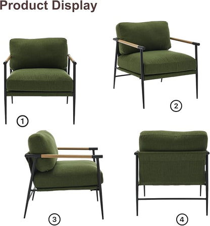 HEAH-YO Modern Accent Chair Set of 1, Upholstered Linen Fabric Living Room Chair with Backrests and Metal Legs, Comfy Reading Side Armchair for Bedroom, Green