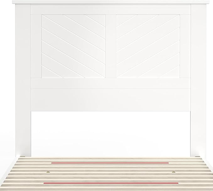 Serene Farmhouse Style Wood Bed in Twin Size with Chevron Scoring Headboard, Coastal Modern Design, Sturdy, Easy Assembly, Ample Underbed Storage, White Finish