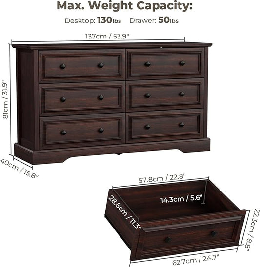 Farmhouse 6 Drawer Dresser for Bedroom, 54" Wide Wood Dresser with Natural Texture, Rustic Chest of Drawers for Bedroom with Vintage Metal Hands, for Living Room, Hallway, Cherry