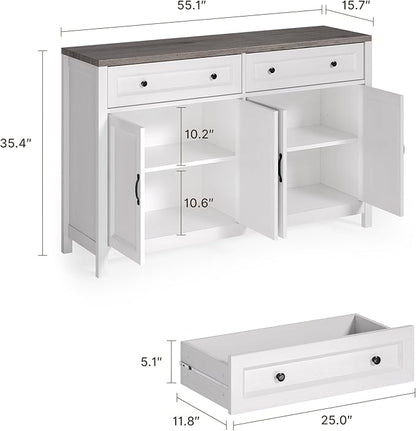 Gizoon Farmhouse Kitchen Sideboard Buffet Cabinet with Storage, Wood Coffee Bar and Storage Sideboard with Drawers and Doors for Kitchen, Dining Room, 15.7" D x 55.1" W x 35.3" H, White/Rustic Brown