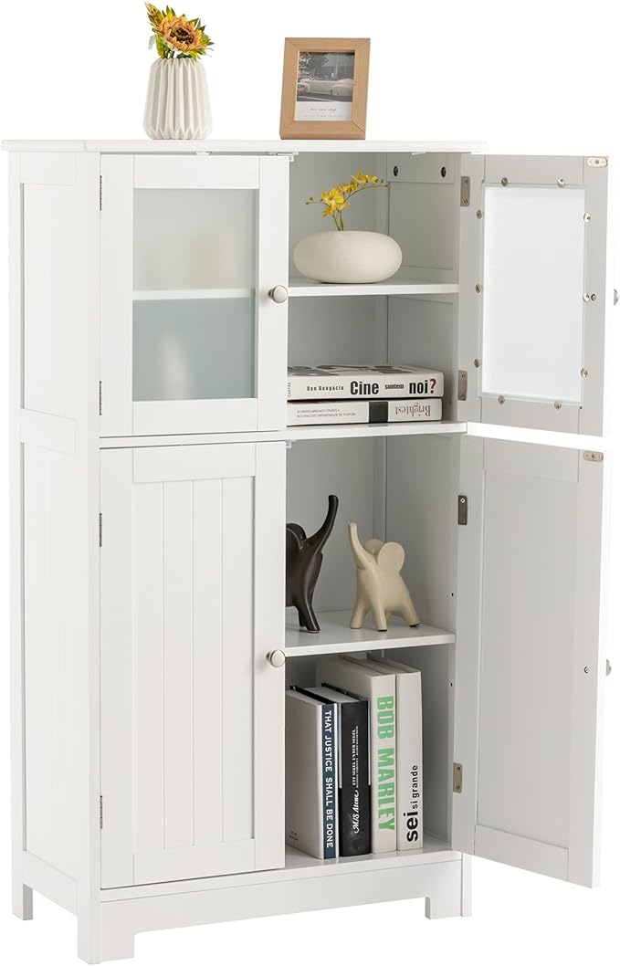 LOKO Bathroom Floor Cabinet, Storage Cabinet with Glass Doors, Wooden Kitchen Cupboard with Adjustable Shelf, Versatile Floor Storage Cabinet for Bathroom, Living Room & Kitchen (White)