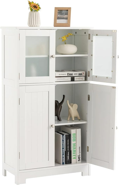 LOKO Bathroom Floor Cabinet, Storage Cabinet with Glass Doors, Wooden Kitchen Cupboard with Adjustable Shelf, Versatile Floor Storage Cabinet for Bathroom, Living Room & Kitchen (White)