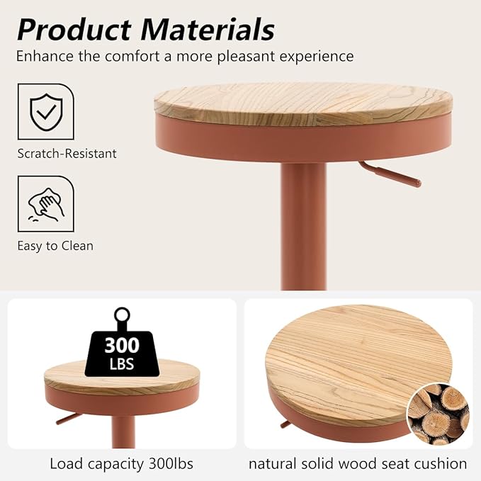 Kidol & Shellder Bar Stools Set of 2 Round Adjustable Swivel Barstools Modern Backless Bar Chairs Wooden Seat Counter Height Stools Armless for Kitchen Island, Cafe, Dining Room Terracotta