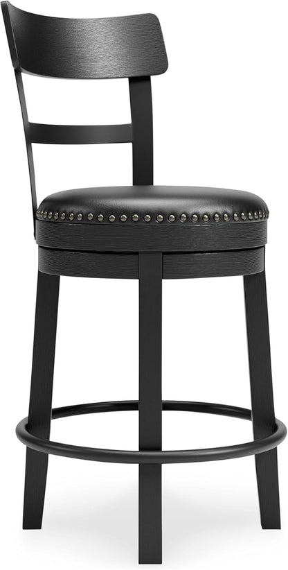 Signature Design by Ashley Valebeck Tall Upholstered Swivel Bar Stool with 360-Degree Swivel and Nailhead Trim, Faux Leather, 30" Seat Height, Black Finish