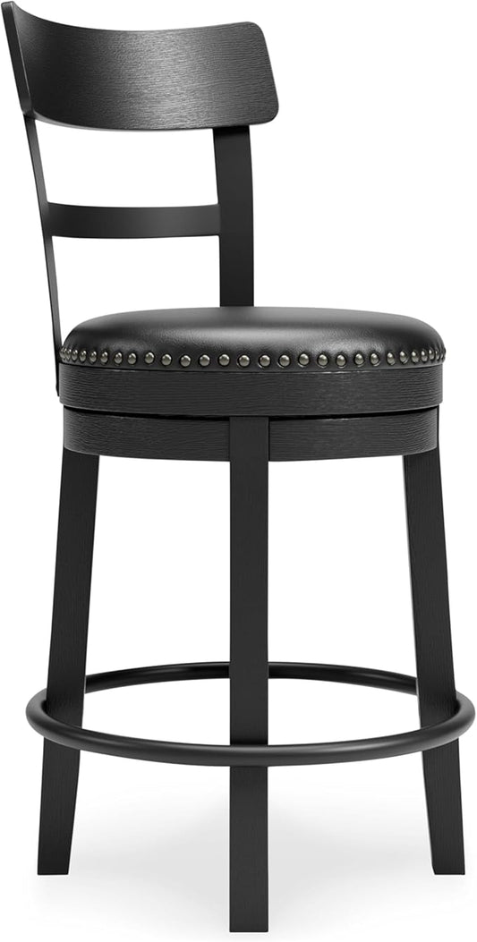 Signature Design by Ashley Valebeck Tall Upholstered Swivel Bar Stool with 360-Degree Swivel and Nailhead Trim, Faux Leather, 30" Seat Height, Black Finish