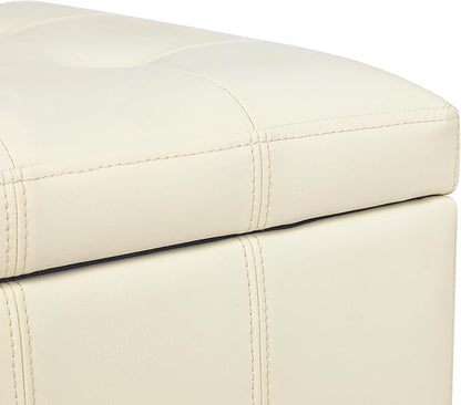 Adeco Faux Leather Storage Ottoman with Hinged Lid, 17.5 Inch High Cream White Square Cube Foot Stool with Storage, Upholstered Vanity Stool with Solid Wood Legs for Living Room, Bedroom, Dorm