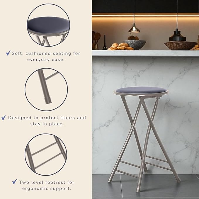 Lavish Home Folding Stool - Backless 24-Inch Stool with 225lb Capacity for Kitchen or Rec Room - Portable Indoor Counter Bar Stools (Gray)