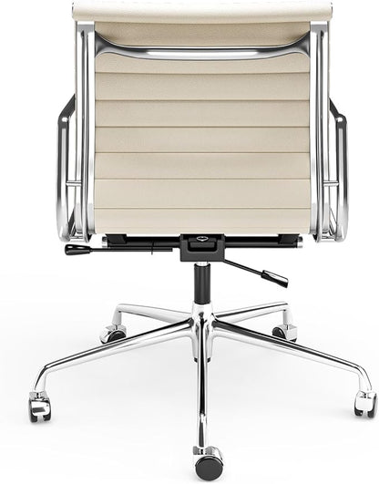 Mid Back Genuine Leather Ribbed Office Chair-Ergonomic Desk Chair with Aluminum Alloy Armrest & Frame, Swivel Silent Wheels & Tilt Function, Adjustable Height