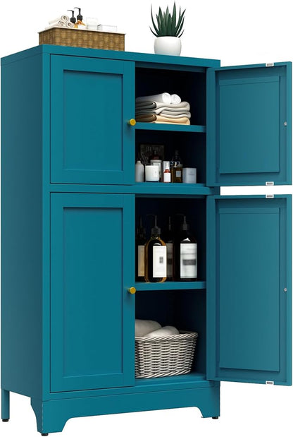 Bathroom Floor Storage Cabinet,Metal Accent Cabinets with 4 Doors and 2 Adjustable Shelves,Blue Storage Cabinets Organizer for Pantry Kitchen,Living Room,Hallway, Restroom