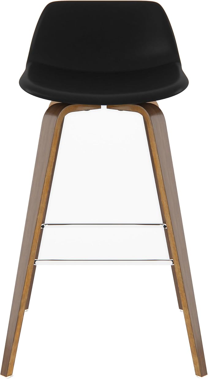 SIMPLIHOME Randolph Counter Stools (Set of 2) - 28 Inch Seat Height Upholstered Bentwood Kitchen Seats in Black Vegan Faux Leather, Mid Century Modern Seating with Curved Backrest and Chrome Footrest