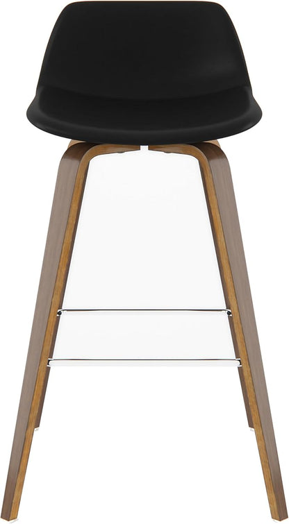 SIMPLIHOME Randolph Counter Stools (Set of 2) - 28 Inch Seat Height Upholstered Bentwood Kitchen Seats in Black Vegan Faux Leather, Mid Century Modern Seating with Curved Backrest and Chrome Footrest
