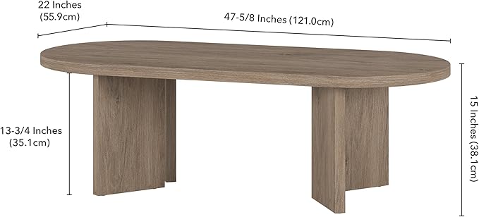 Henn&Hart 48" Oval Wood Low-Profile Coffee Table for Living Room, Family Room or Office, Antiqued Gray Oak