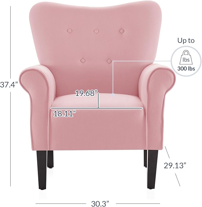 BELLEZE Modern Accent Chair, High Back Armchair, Upholstered Wingback Side Chair, Padded Single Sofa with Wooden Legs for Living Room, Bedroom - Pink