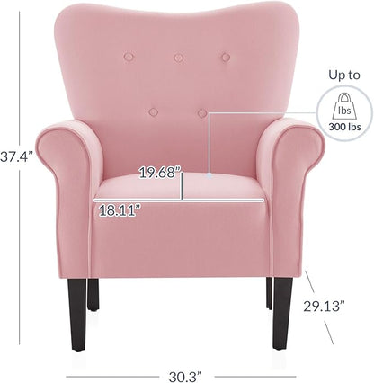 BELLEZE Modern Accent Chair, High Back Armchair, Upholstered Wingback Side Chair, Padded Single Sofa with Wooden Legs for Living Room, Bedroom - Pink