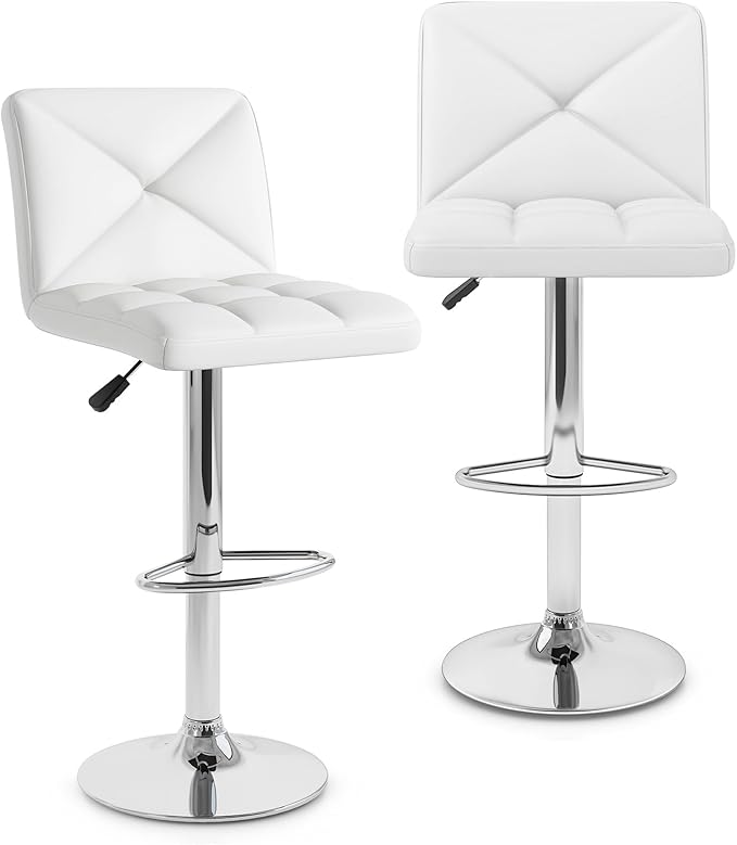 COSTWAY Bar Stools Set of 2, Modern PU Leather Swivel Bar Chairs, Height Adjustable Upholstered Barstools with Premium Gas Rod, Sturdy Footrest, Round Base, for Kitchen, Dining Room, Office,White