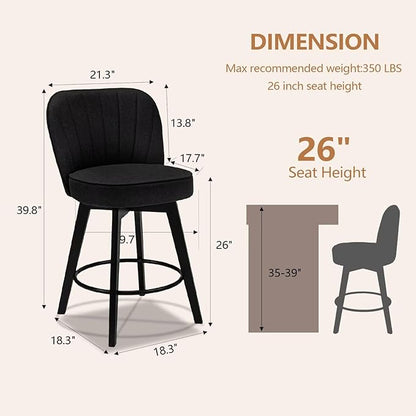MINCETA Bar Stools Set of 4, 26 Inch Upholstered Barstools with Backrest and Footrest, Swivel Counter Height Barstools for Kitchen Island Home Bar Black